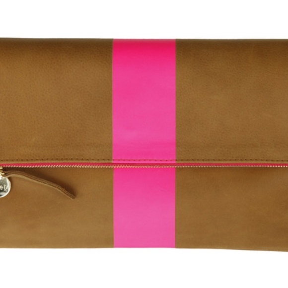 Clare V Handbags - Clare V - Foldover Clutch w/ Tabs in Camel Nubuck w/Neon Pink Stripes